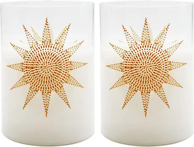 Alt view image 4 of 4 - Battery Operated Glass LED Candles with Moving Flame, Mosaic Sun - Set of 2