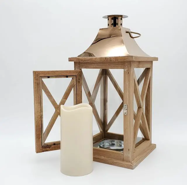Alt view image 2 of 5 - Wooden Lantern with Battery Operated Candle - Natural with Copper Roof