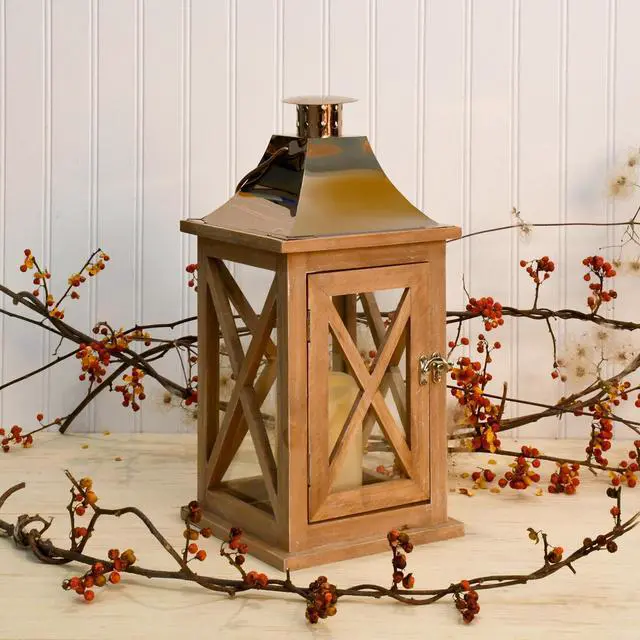 Alt view image 3 of 5 - Wooden Lantern with Battery Operated Candle - Natural with Copper Roof