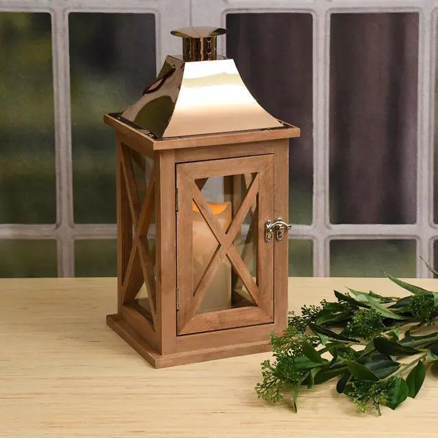 Alt view image 4 of 5 - Wooden Lantern with Battery Operated Candle - Natural with Copper Roof