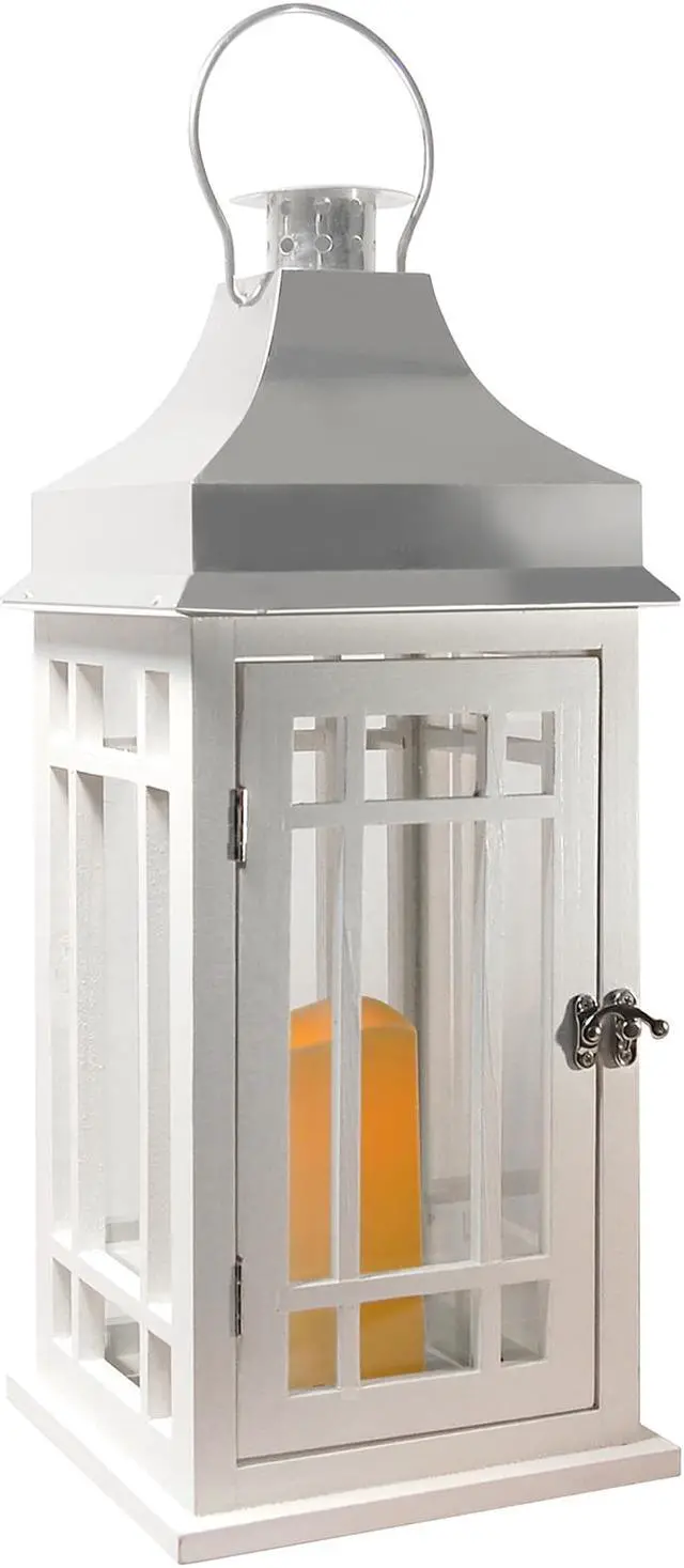 Main image of Wooden Lantern with Battery Operated Candle - White with Chrome Roof