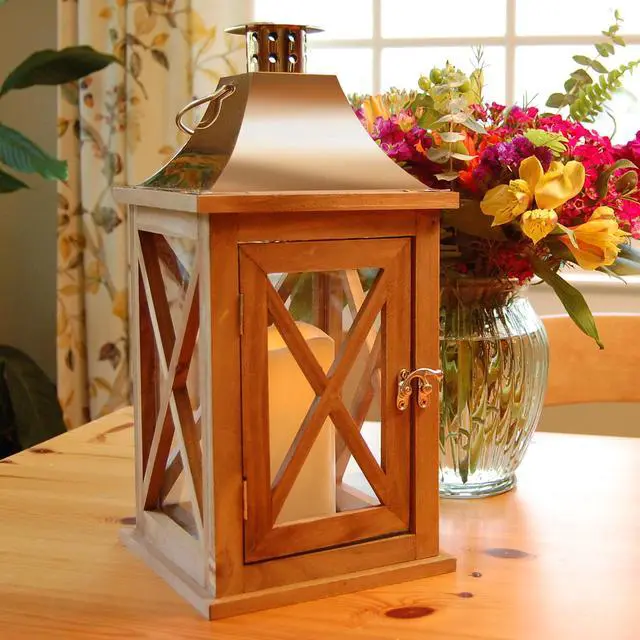 Alt view image 5 of 5 - Wooden Lantern with Battery Operated Candle - Natural with Copper Roof