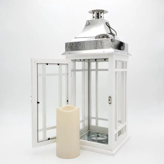 Alt view image 2 of 5 - Wooden Lantern with Battery Operated Candle - White with Chrome Roof