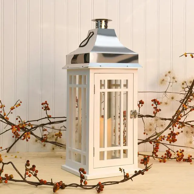 Alt view image 3 of 5 - Wooden Lantern with Battery Operated Candle - White with Chrome Roof