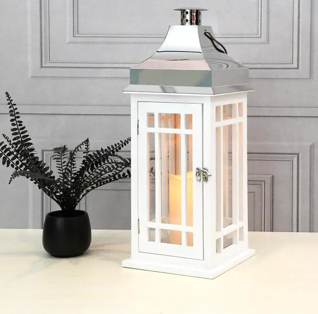 Alt view image 4 of 5 - Wooden Lantern with Battery Operated Candle - White with Chrome Roof