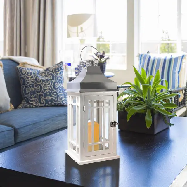Alt view image 5 of 5 - Wooden Lantern with Battery Operated Candle - White with Chrome Roof
