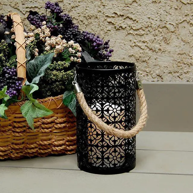 Alt view image 7 of 7 - Metal Lantern with Battery Operated Candle - Black Jacquard