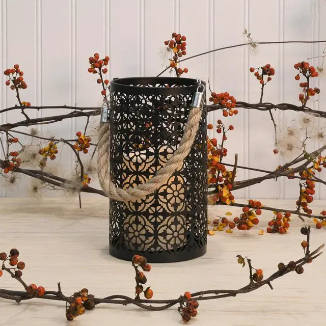 Alt view image 2 of 7 - Metal Lantern with Battery Operated Candle - Black Jacquard