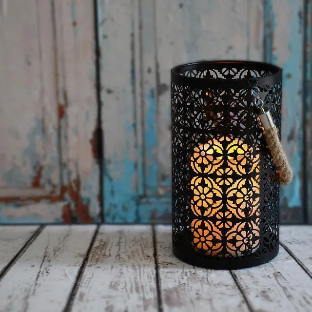 Alt view image 6 of 7 - Metal Lantern with Battery Operated Candle - Black Jacquard