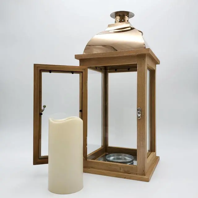 Alt view image 2 of 5 - Wooden Lantern with Battery Operated Candle - Brown with Copper Roof
