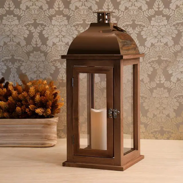 Alt view image 4 of 5 - Wooden Lantern with Battery Operated Candle - Brown with Copper Roof
