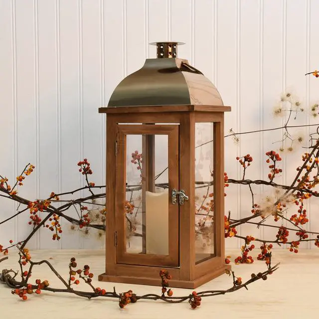Alt view image 3 of 5 - Wooden Lantern with Battery Operated Candle - Brown with Copper Roof