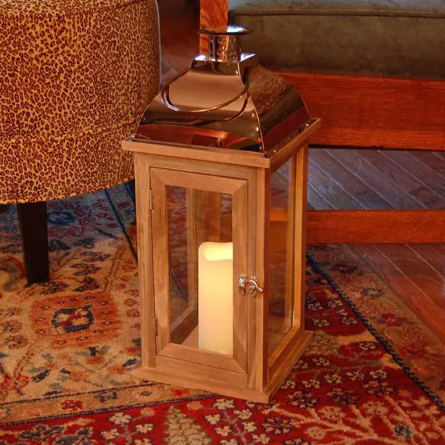 Alt view image 5 of 5 - Wooden Lantern with Battery Operated Candle - Brown with Copper Roof