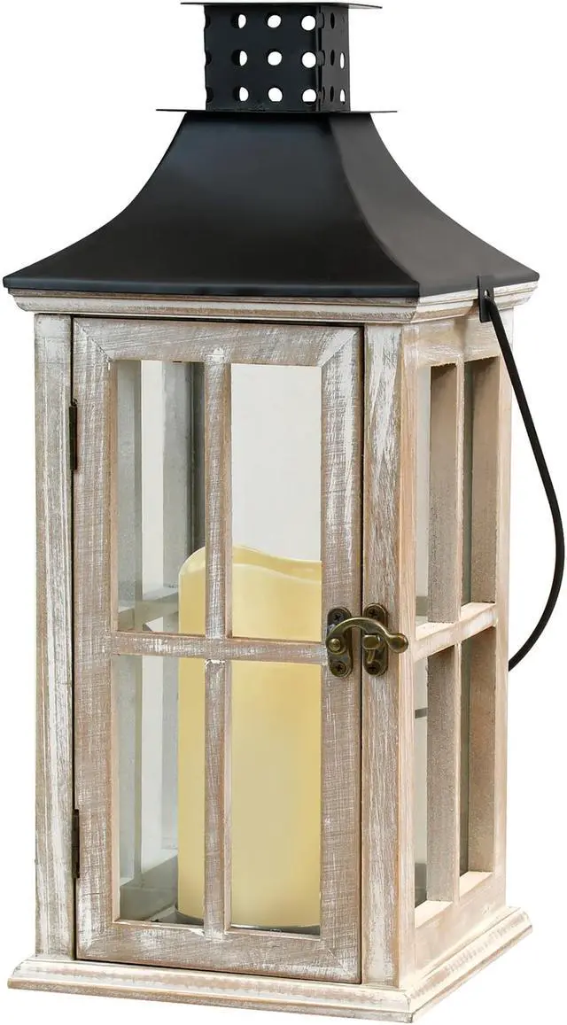 Main image of Wooden Lantern with Battery Operated Candle - White Washed with Black Roof