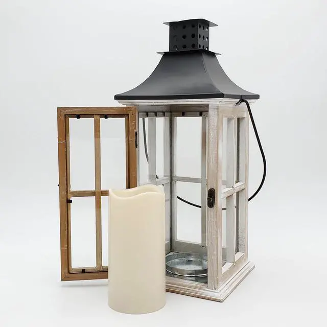 Alt view image 2 of 6 - Wooden Lantern with Battery Operated Candle - White Washed with Black Roof