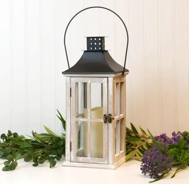 Alt view image 3 of 6 - Wooden Lantern with Battery Operated Candle - White Washed with Black Roof