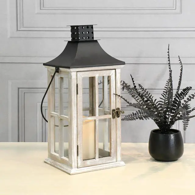 Alt view image 6 of 6 - Wooden Lantern with Battery Operated Candle - White Washed with Black Roof