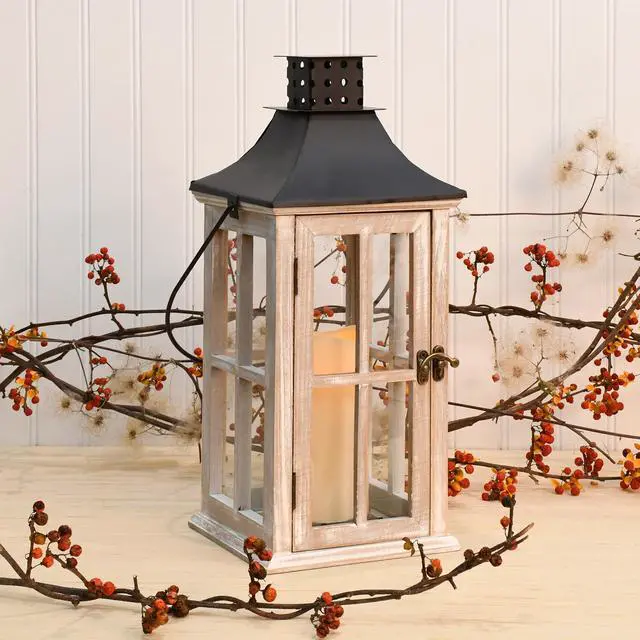 Alt view image 5 of 6 - Wooden Lantern with Battery Operated Candle - White Washed with Black Roof