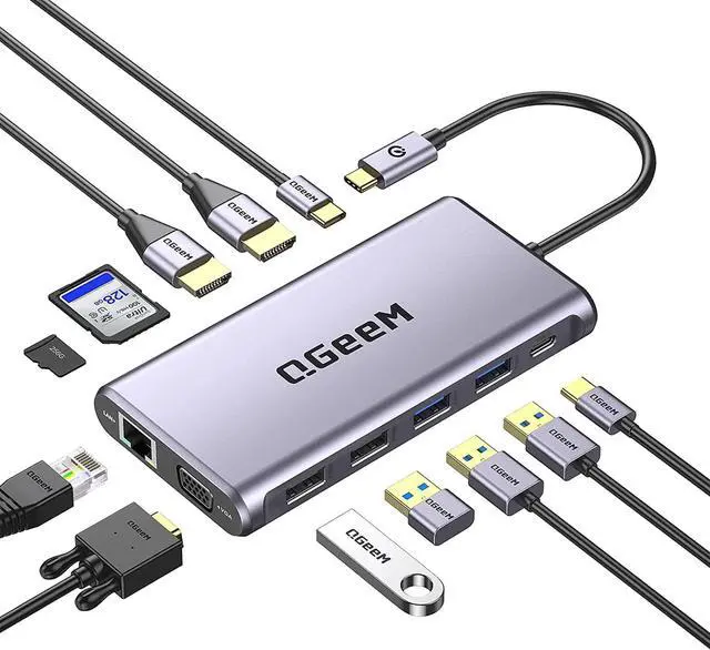 Main image of USB C Hub Qgeem 12 in 1 Triple Display USB Type-C Hub USB C Docking Station with 4K Dual HDMI, 1080P VGA,100W PD, Ethernet,Usb C to USB 3.0, Card Reader, USB-C Data Compatible with Macbook,Usb C Dock