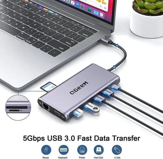 Alt view image 5 of 7 - USB C Hub Qgeem 12 in 1 Triple Display USB Type-C Hub USB C Docking Station with 4K Dual HDMI, 1080P VGA,100W PD, Ethernet,Usb C to USB 3.0, Card Reader, USB-C Data Compatible with Macbook,Usb C Dock
