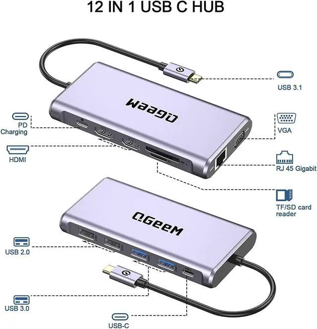 Alt view image 2 of 7 - USB C Hub Qgeem 12 in 1 Triple Display USB Type-C Hub USB C Docking Station with 4K Dual HDMI, 1080P VGA,100W PD, Ethernet,Usb C to USB 3.0, Card Reader, USB-C Data Compatible with Macbook,Usb C Dock