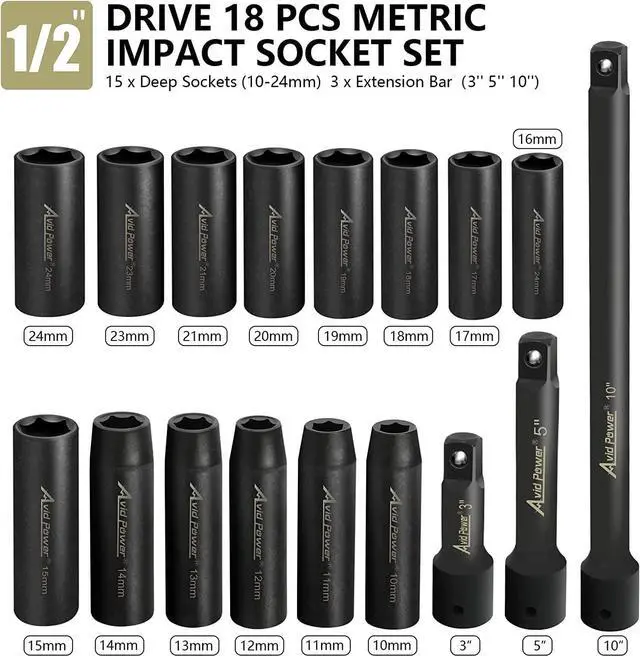 Alt view image 2 of 6 - AVID POWER 18pcs 1/2-inch Drive Impact Socket Set, 10-24mm Metric Sizes Sockets and 3'' 5'' 10'' Extension Bar, 6 Point, Cr-V Steel Socket Set