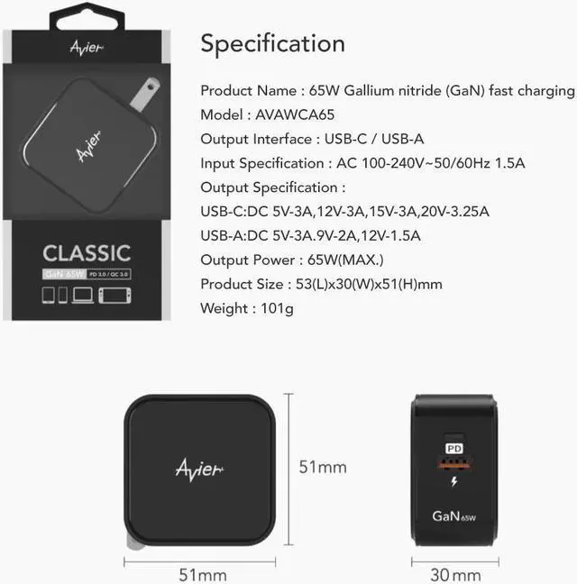 Alt view image 5 of 6 - Avier GaN 65W 2-Port Fast Charging Combo Pack