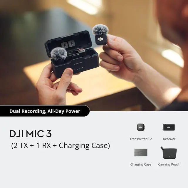 Main image of DJI Mic 3 Mini Wireless Microphone, Compact and Easy To Use with Integrated Storage, Intelligent Extended Battery Life and Fast Charging. Includes Two Transmitters and One Receiver with Charging Case