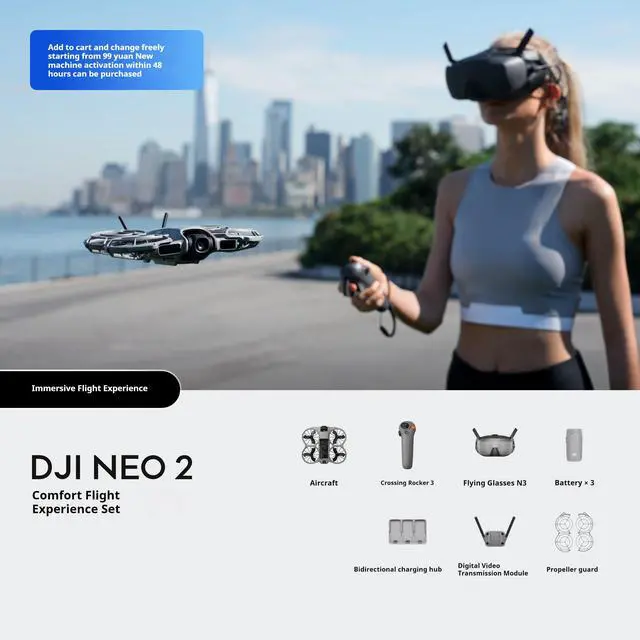 Main image of DJI Neo2 Adult Mini Drone features a 4K Ultra HD camera with Follow Mode, Subject Tracking, QuickShot modes, and image stabilization. Includes a gesture control kit.
