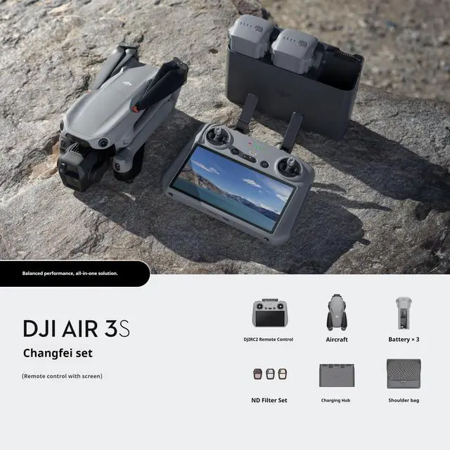 DJI Air3s Professional HD dual-camera aerial drone with omni-directional obstacle avoidance and auto-tracking, Remote Control With Screen, 3 batteries