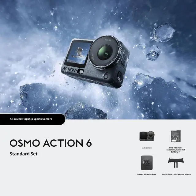 Main image of DJI Osmo Action 6 Action Camera, featuring a 1/1.1-inch square sensor, supports variable aperture from f/2.0 to f/4.0, enables 8K action recording, and comes with a standard two-battery kit