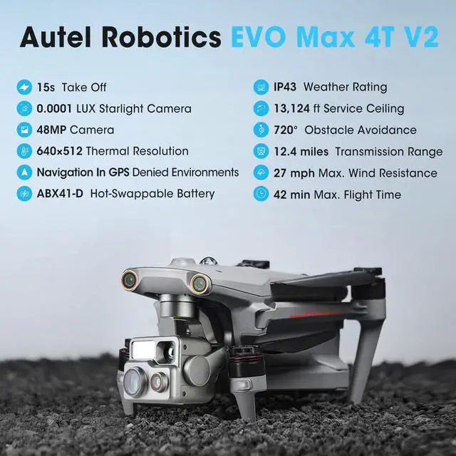 Alt view image 2 of 7 - Autel EVO MAX 4T V2 Visiable/Zoom/Thermal/L-aser 4 Cameras in One Drone 50MP&1/1.28" CMOS 8K Camera 1-160x Super Zoom 640×512 Thermal Resolution 16.43737 ft L-aser Range A-Mesh 1.0 2 Batteries