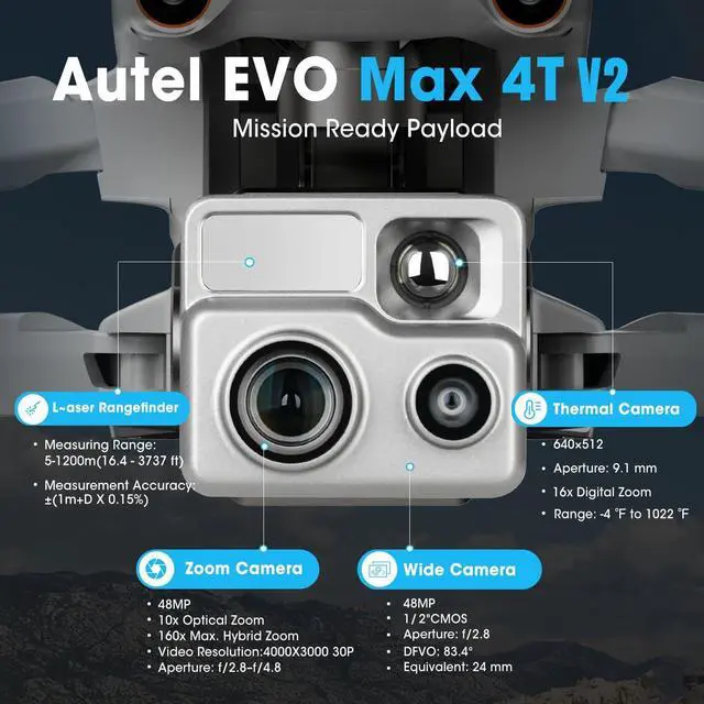 Alt view image 4 of 7 - Autel EVO MAX 4T V2 Visiable/Zoom/Thermal/L-aser 4 Cameras in One Drone 50MP&1/1.28" CMOS 8K Camera 1-160x Super Zoom 640×512 Thermal Resolution 16.43737 ft L-aser Range A-Mesh 1.0 2 Batteries