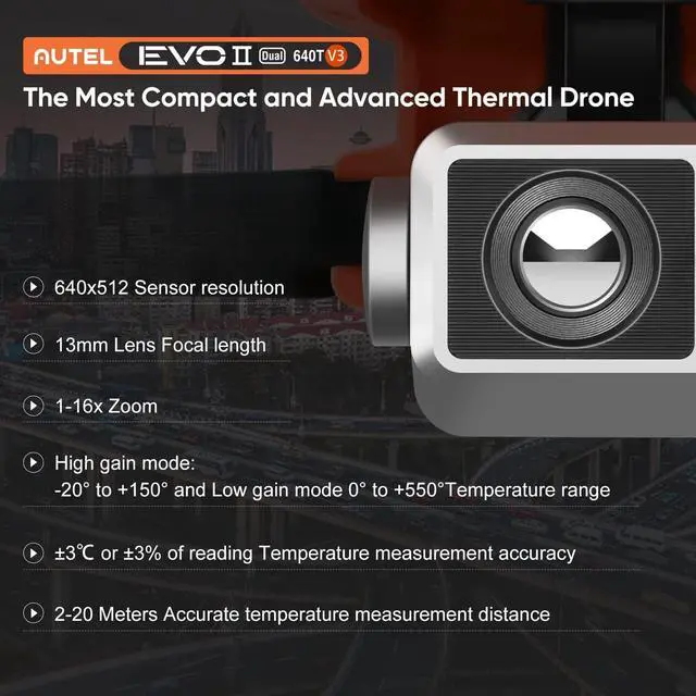 Alt view image 2 of 7 - Autel EVO II Dual 640T V3, a 640x512 thermal imaging drone equipped with a 0.8-inch CMOS sensor and a 50-megapixel RYYB 8K sensor, supporting more than 10 temperature measurement modes