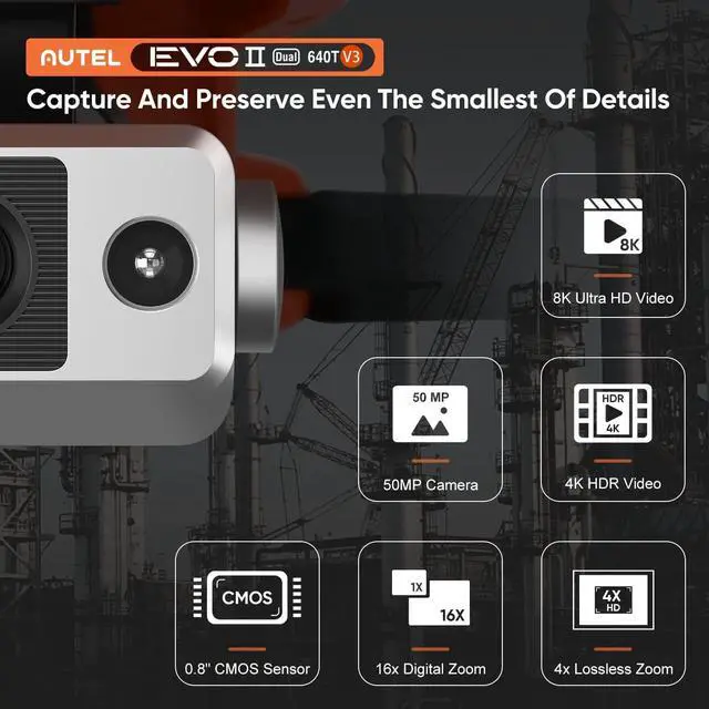 Alt view image 3 of 7 - Autel EVO II Dual 640T V3, a 640x512 thermal imaging drone equipped with a 0.8-inch CMOS sensor and a 50-megapixel RYYB 8K sensor, supporting more than 10 temperature measurement modes