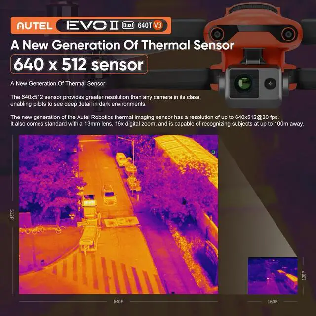 Alt view image 5 of 7 - Autel EVO II Dual 640T V3, a 640x512 thermal imaging drone equipped with a 0.8-inch CMOS sensor and a 50-megapixel RYYB 8K sensor, supporting more than 10 temperature measurement modes