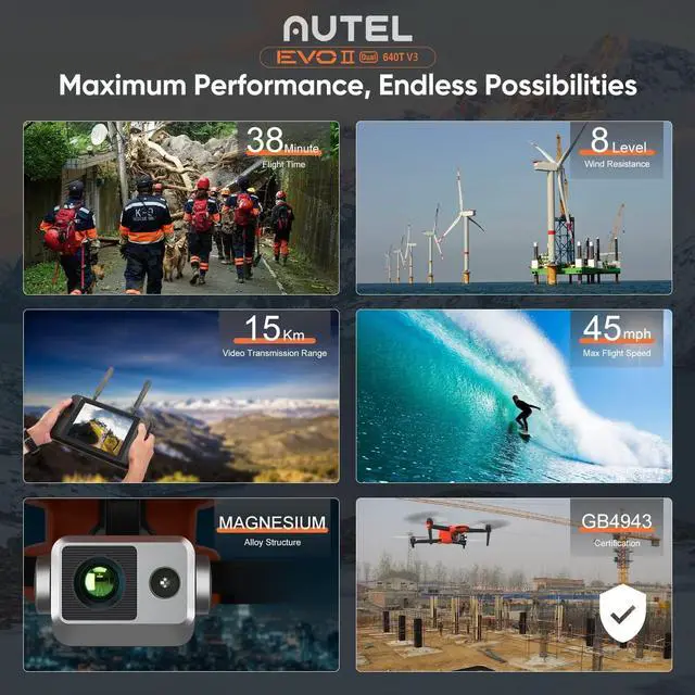 Alt view image 4 of 7 - Autel EVO II Dual 640T V3, a 640x512 thermal imaging drone equipped with a 0.8-inch CMOS sensor and a 50-megapixel RYYB 8K sensor, supporting more than 10 temperature measurement modes