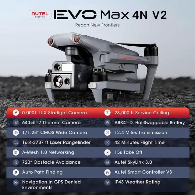 Alt view image 2 of 7 - Autel EVO MAX 4N V2 Unmanned Inspection Drone, equipped with night vision, wide-angle, thermal imaging, and laser cameras, with a night vision range of 5 kilometers and 720° obstacle avoidance