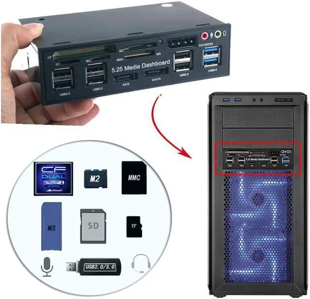 Alt view image 3 of 7 - BONAEVER Multi-Function USB Internal Card Reader 3.0 Hub with eSATA SATA Port PC Dashboard Media Front Panel Audio for SD MS CF TF M2 MMC Memory Cards Fits 5.25" Bay