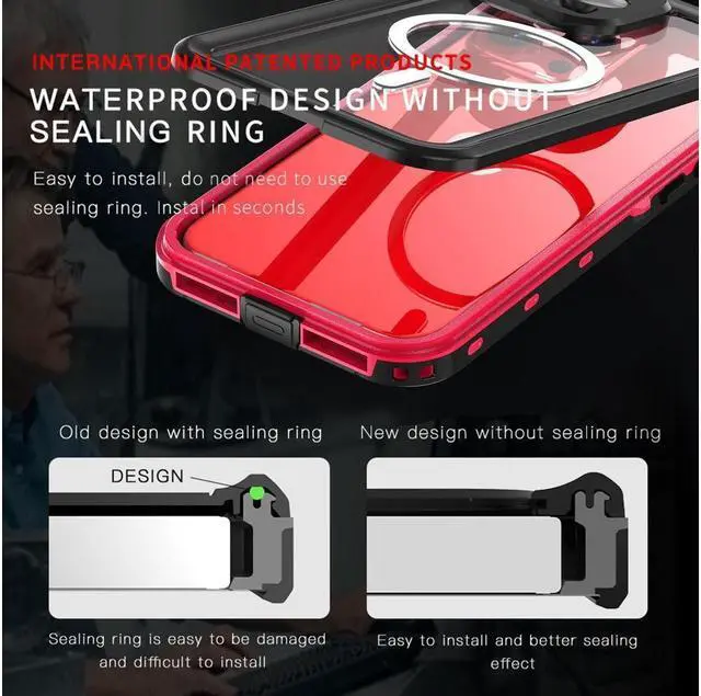 Alt view image 4 of 7 - BONAEVER for iPhone 15 Pro Max 6.7 inch Waterproof Case Magnetic [Compatible with MagSafe][with Screen Protector][IP68 Underwater][Du Standproof] Phone Cover for iPhone 15 Pro Max 6.7" Red
