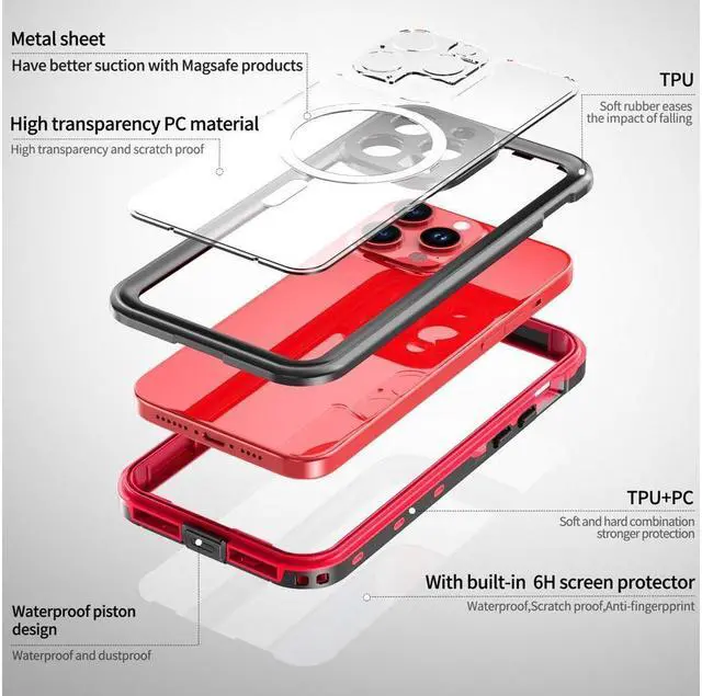 Alt view image 6 of 7 - BONAEVER for iPhone 15 Pro Max 6.7 inch Waterproof Case Magnetic [Compatible with MagSafe][with Screen Protector][IP68 Underwater][Du Standproof] Phone Cover for iPhone 15 Pro Max 6.7" Red