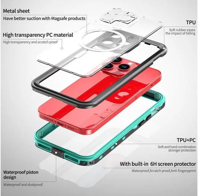 Alt view image 5 of 7 - BONAEVER for iPhone 15 Pro Max 6.7 inch Waterproof Case Magnetic [Compatible with MagSafe][with Screen Protector][IP68 Underwater][Du Standproof] Phone Cover for iPhone 15 Pro Max 6.7" Red