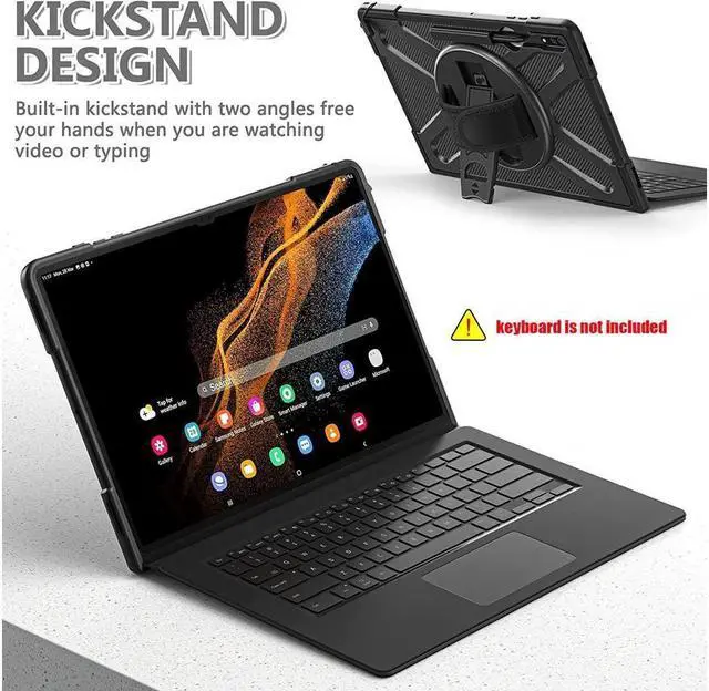 Alt view image 5 of 6 - BONAEVER For Samsung Galaxy Tab S8 Ultra 14.6 inch Case SM-X900 SM-X906 Shockproof Cover Rugged Case with Stand and & Shoulder Strap Pen Holder Black