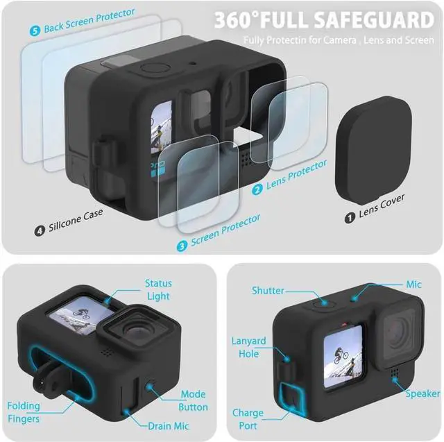 Alt view image 3 of 7 - BONAEVER Silicone Sleeve Case for Go Pro Hero 11 / Hero 10 / Hero 9 Black Battery Side Cover & Screen Protectors & Lens Caps & Lanyard for Go Pro Hero 11 /10 / 9