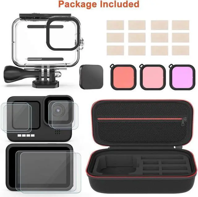 Alt view image 7 of 7 - BONAEVER Accessories Kit for GoPro Hero 12 / Hero 10 / Hero 11 / Hero 9 Shockproof Small Carry Bag + Waterproof Housing Case + Tempered Glass Screen Protector + Silicone Cover + Snorkel Filter Bundle