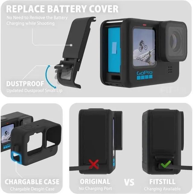 Alt view image 2 of 7 - BONAEVER Silicone Sleeve Case for Go Pro Hero 11 / Hero 10 / Hero 9 Black Battery Side Cover & Screen Protectors & Lens Caps & Lanyard for Go Pro Hero 11 /10 / 9