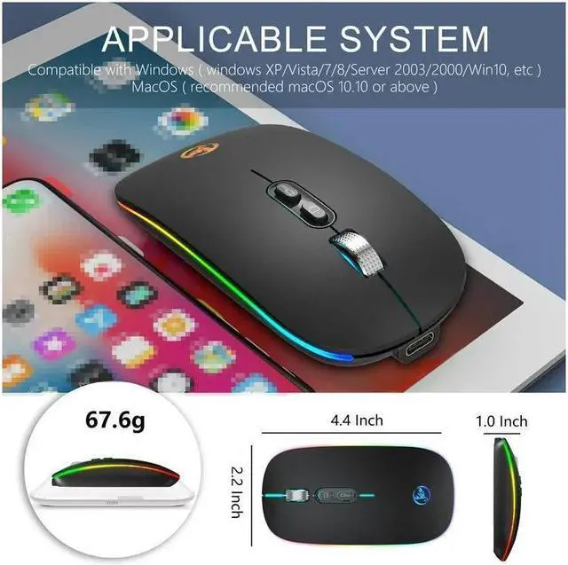 Alt view image 2 of 7 - BONAEVER Slim Silent Wireless Mouse LED Dual Mode (Bluetooth 5.1 2.4G Wireless) Rechargeable Ergonomic Mice with 3 Adjustable DPI for iPad OS PC Laptop Surface Pro MacBook Windows Mac OS