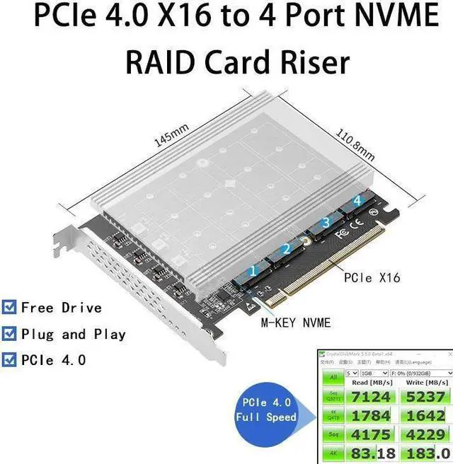 Alt view image 5 of 7 - BONAEVER Quad M.2 PCIe 4.0 / PCIe 3.0 X16 Expansion Cad with Heatsink Support 4 x PCIe NVME M.2 SSD RAID-on-CPU (VROC) in Intel Platform PCIe 4.0 RAID in AMD Platform M/B PCIe Bifurcation is Required