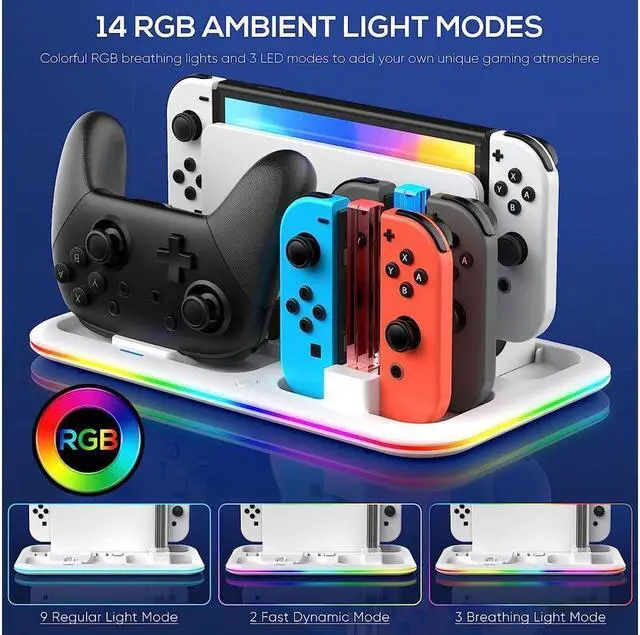 Alt view image 2 of 7 - RGB Switch Controller Charger Dock Station for Nintendo Switch & OLED Model Joycon, Charging Docking Station Stand for 4 Joy Cons and Switch Pro Controller with LED Charging Indicator & 8 Game Slots