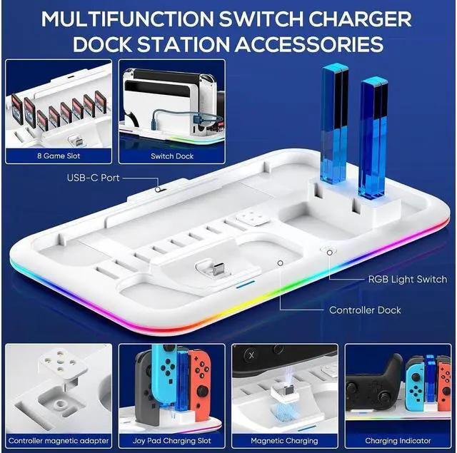 Alt view image 4 of 7 - RGB Switch Controller Charger Dock Station for Nintendo Switch & OLED Model Joycon, Charging Docking Station Stand for 4 Joy Cons and Switch Pro Controller with LED Charging Indicator & 8 Game Slots
